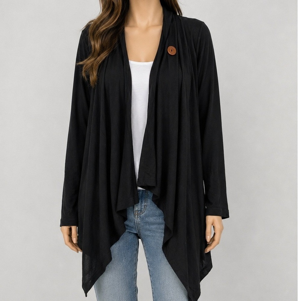 Bobeau Womens Cardigan Black Draped‎ Open Front Single Button Pockets Small
